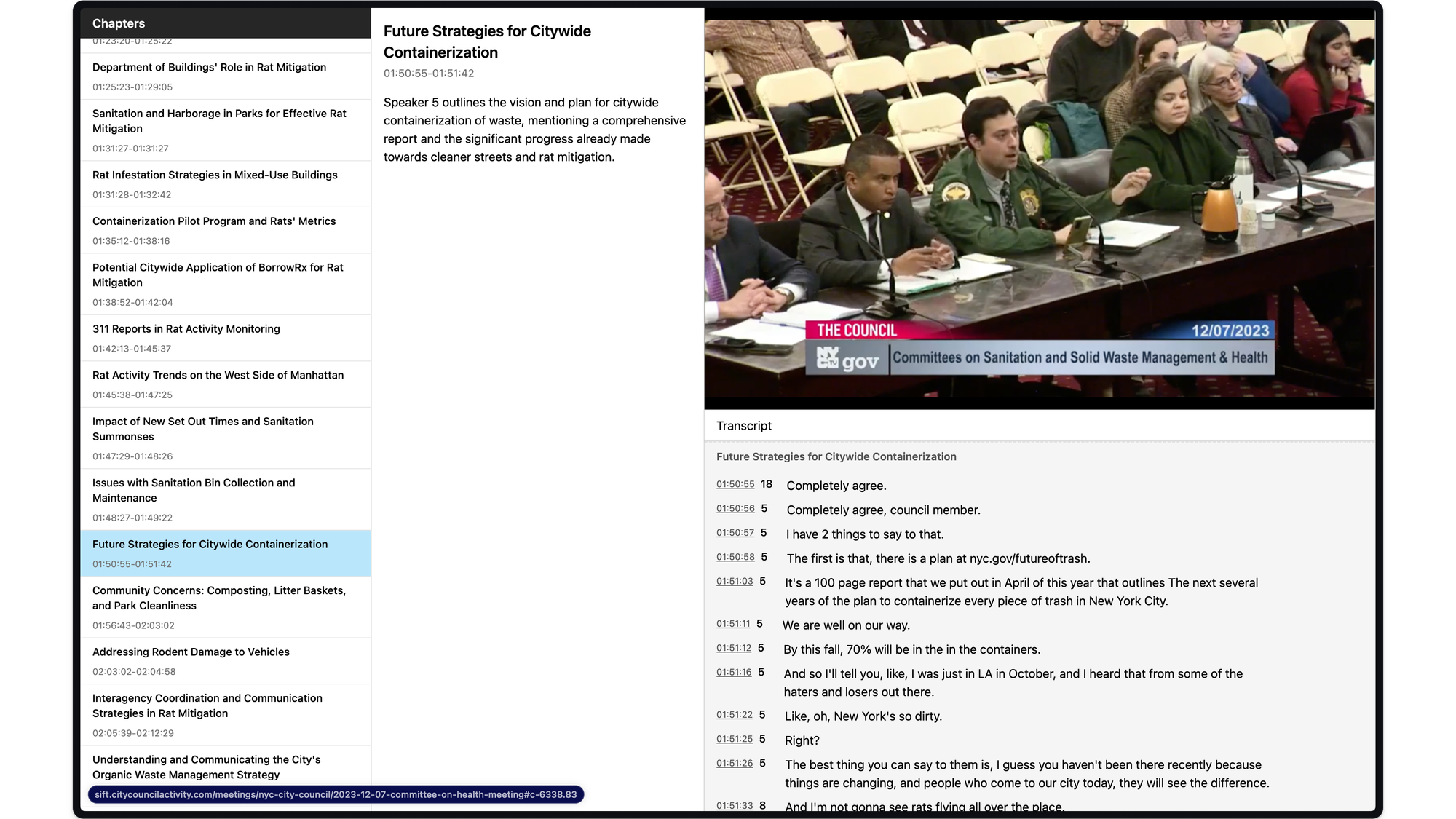 A screenshot of a prototype of a tool that makes it easier to navigate city council hearings.